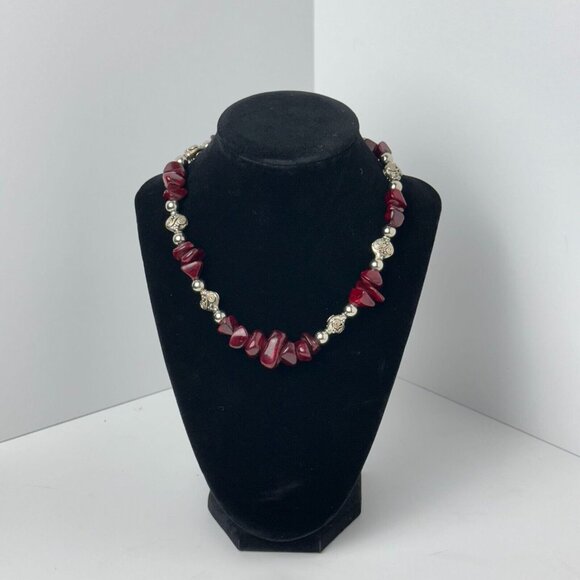 I Silver Red Garnet Beaded Necklace 7.5" Toggle Clasp Fashion Jewelry - Picture 3 of 16